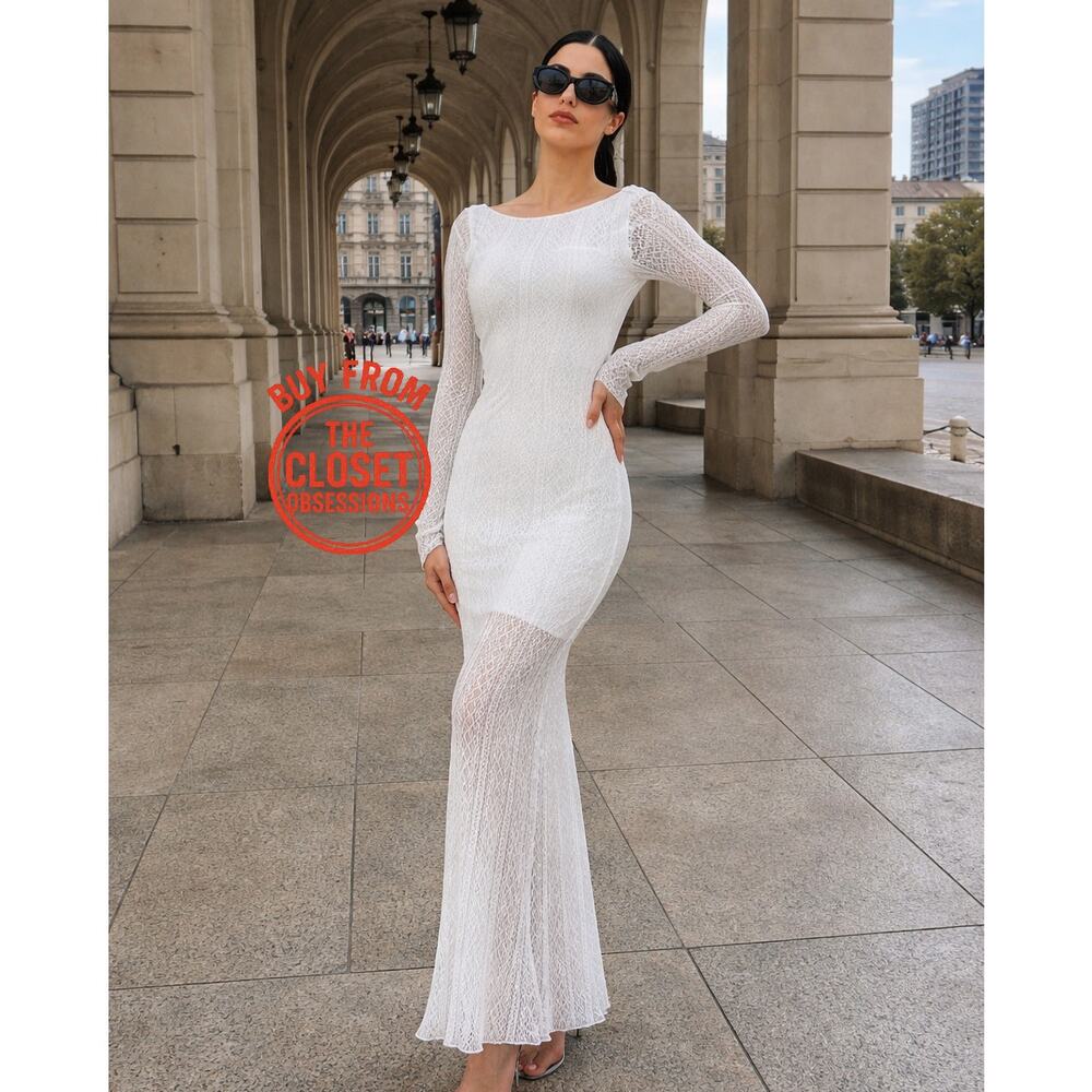 Zara NWT White Lace Open Back Long Sleeve Maxi Dress M L